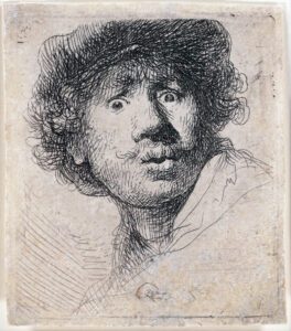 Rembrandt van Rijn etching for sale ets te koop / gravure a vendre - Self-Portrait in a Cap, Wide-Eyed and Open-Mouthed, 1630 kf