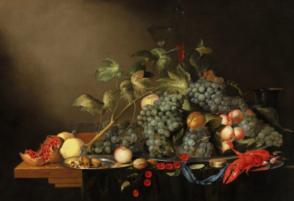 Antwerp Studio of Jan Davidsz. de Heem Old Master stillife painting for sale - Still life fruits, nuts, peaches and a lobster on a table