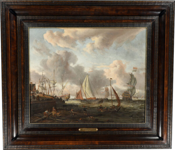 Abraham Storck Old Master painting for sale maritime- A Seascape with a Dutch Shipping Yard near a Port