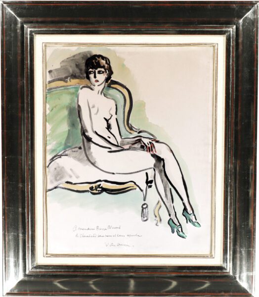 Elegant nude model in the studio of Kees van Dongen watercolour for sale te koop aquarel