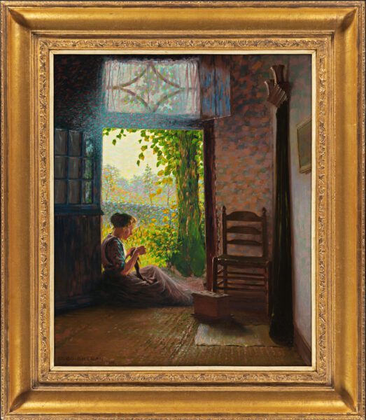 Co Breman Schilderij te koop - A girl knitting by a sunny doorway, probably in 't Gooi, 1910