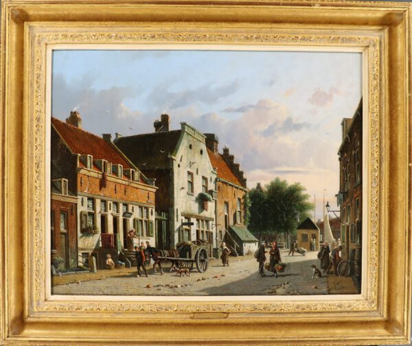 Adrianus Eversen schilderij te koop painting for sale A lively Dutch town view on a sunny day 3