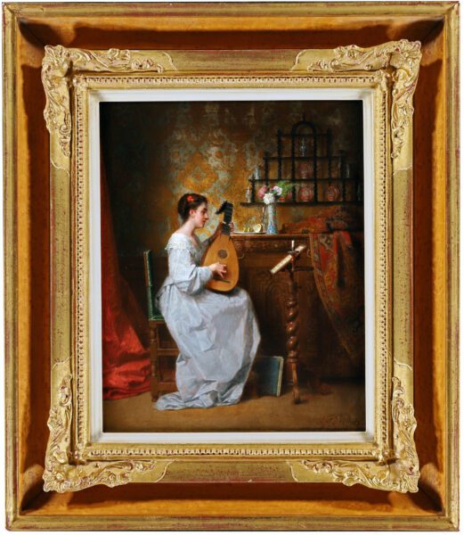 Antoon Francois Heyligers schilderij te koop interieur - Lady playing the lute in a Domestic Interior, 1871