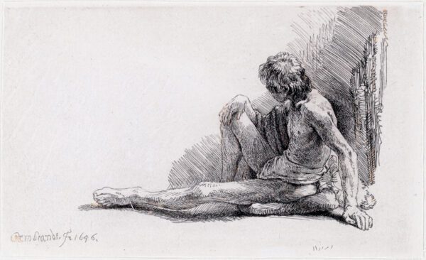 Rembrandt van Rijn etching for sale - Nude Man Seated on the Ground with One Leg Extended, 1646 3