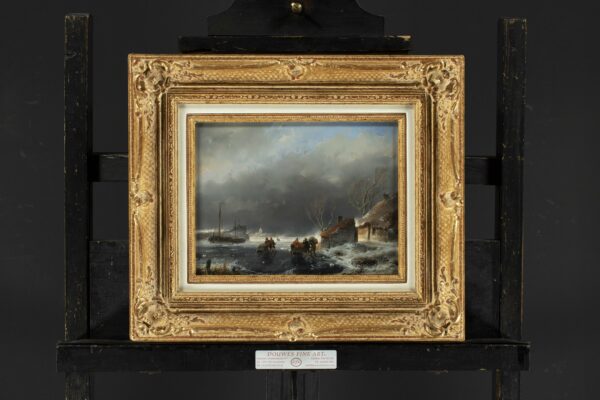 Andreas Schelfhout schilderij te koop painting for sale A winter landscape with skaters on the ice