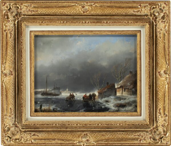 Andreas Schelfhout schilderij te koop painting for sale A winter landscape with skaters on the ice frame