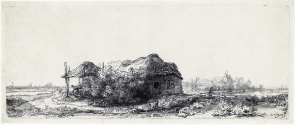 Rembrandt van Rijn etching print for sale ets te koop - Landscape with Cottages and a Hay Barn; Oblong, 1641