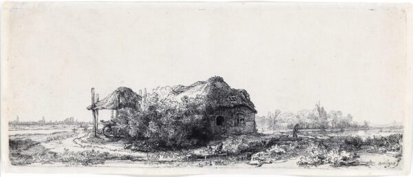 Rembrandt van Rijn etching print for sale ets te koop - Landscape with Cottages and a Hay Barn; Oblong, 1641