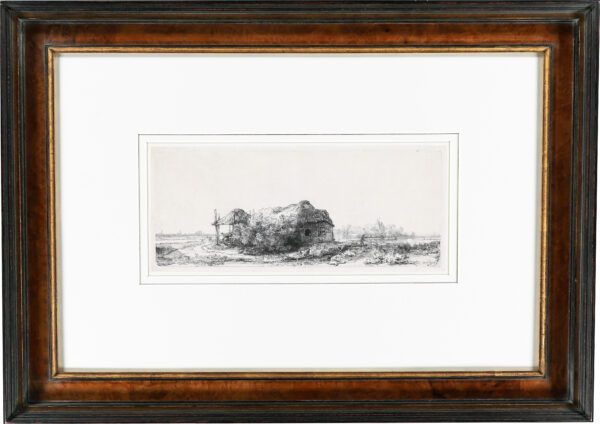 Rembrandt van Rijn etching print for sale ets te koop - Landscape with Cottages and a Hay Barn; Oblong, 1641 frame