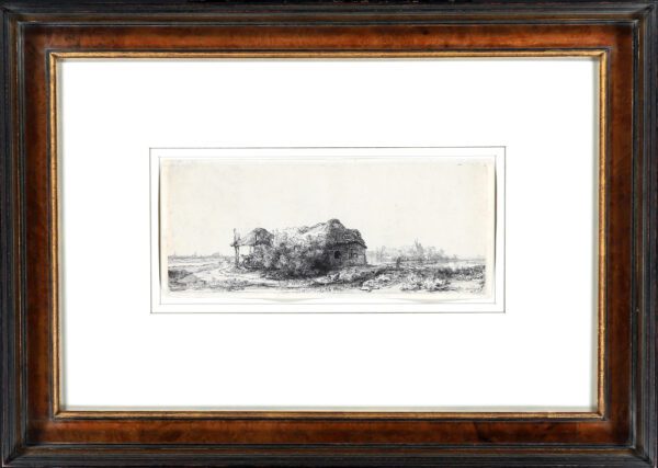 Rembrandt van Rijn etching print for sale ets te koop - Landscape with Cottages and a Hay Barn; Oblong, 1641 frame