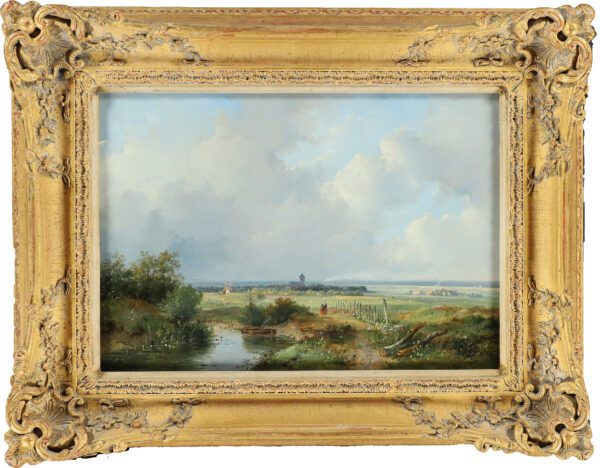 Josephus Gerardus Hans painting for sale / schilderij te koop - Landscape with a village on the horizon, 1848 (framed)