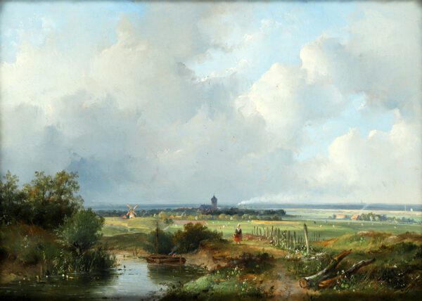 Josephus Gerardus Hans painting for sale / schilderij te koop - Landscape with a village on the horizon, 1848