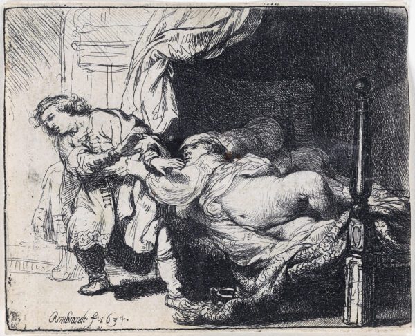 Rembrandt van Rijn etching print for sale / ets te koop - Joseph and Potiphar’s Wife, 1634 kf