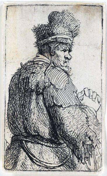 Rembrandt van Rijn Etching print for sale - Old man seen from behind, profile right; half figure 1629