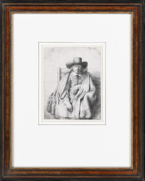 Rembrandt van Rijn etching for sale rare counterproof - Clement de Jonghe, Printseller, 1651 (framed)