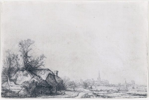 Rembrandt van Rijn etching for sale - Cottage beside a Canal with a view of Ouderkerk, c. 1641 (kf)