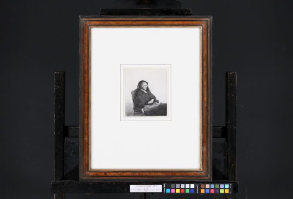 Rembrandt van Rijn etching for sale - The Artist's Mother seated at a Table, looking right; three Quarter Length, c. 1631 (frame)