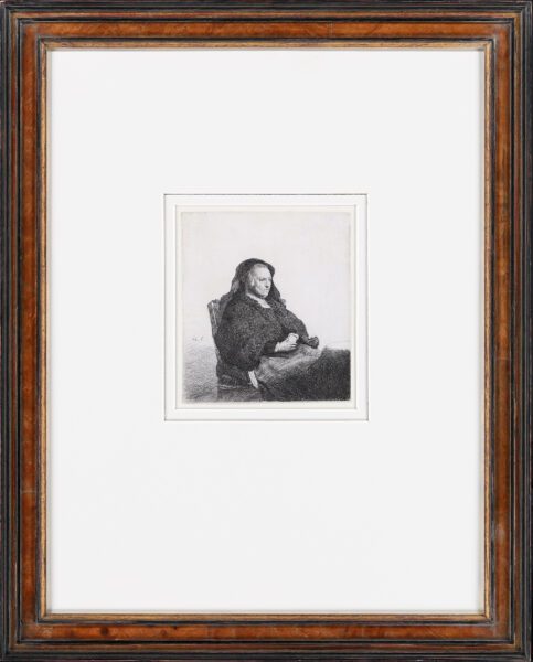 Rembrandt van Rijn etching for sale - The Artist's Mother seated at a Table, looking right; three Quarter Length, c. 1631 (framed)