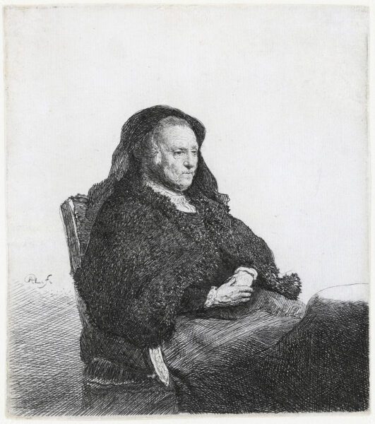 Rembrandt van Rijn etching for sale - The Artist's Mother seated at a Table, looking right; three Quarter Length, c. 1631 (kf)