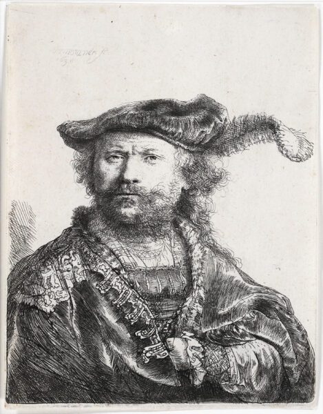 Rembrandt van Rijn etching for sale ets te koop gravure a vendre - Self-Portrait in a Velvet Cap with Plume, 1638 kf