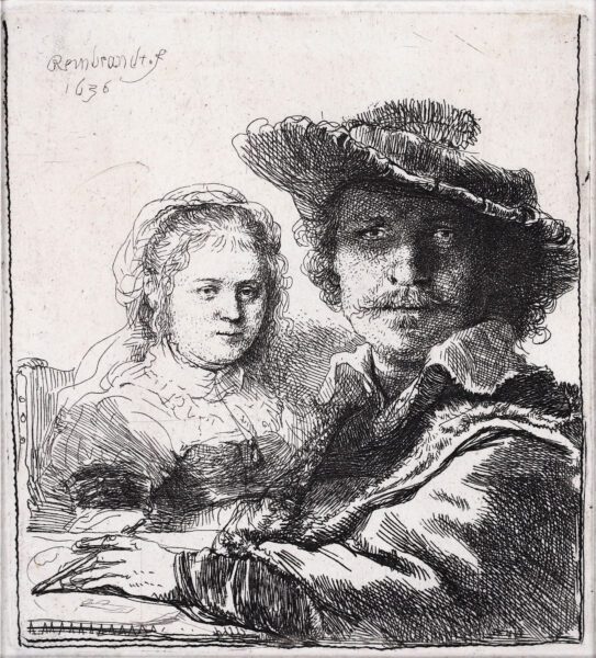 Rembrandt van Rijn etching print for sale / ets te koop / gravure a vendre - Self-portrait with Saskia, 1636 kf