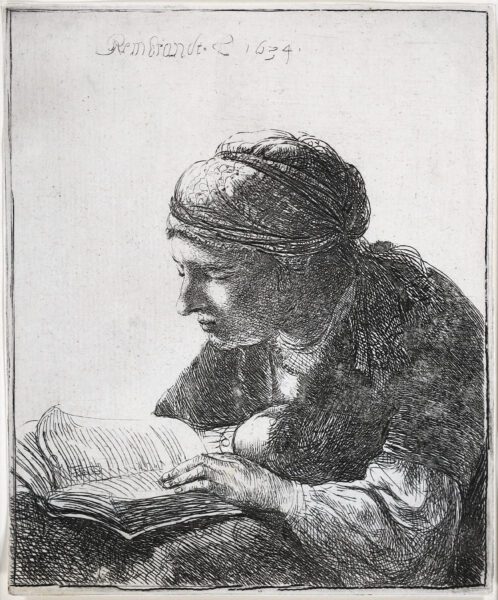 Rembrandt van Rijn etching print for sale / ets te koop / gravure a vendre - Woman reading, 1634 [CM25]
