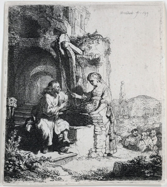 Rembrandt van Rijn etching print for sale / ets te koop / gravure a vendre - Christ and the woman of Samaria among ruins, 1634 kf