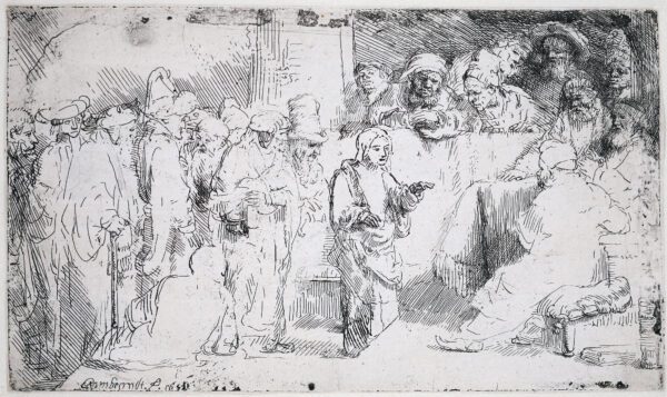 Rembrandt van Rijn etching print for sale / ets te koop / gravure a vendre - Christ disputing with the Doctors, 1652 kf