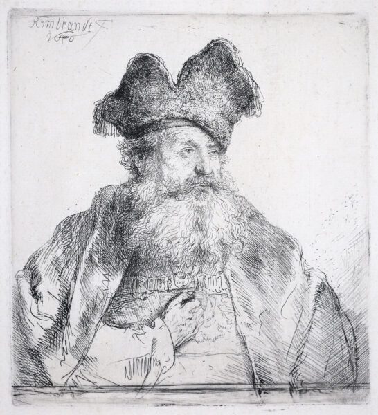 Rembrandt van Rijn etching print for sale / ets te koop / gravure a vendre - Old man with a divided fur cap, 1640