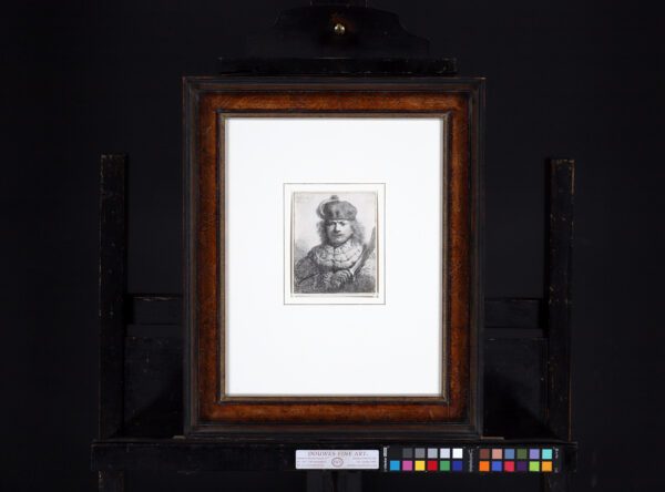 Rembrandt van Rijn etching print for sale / ets te koop / gravure a vendre - Self-Portrait with Raised Sabre, 1643 frame