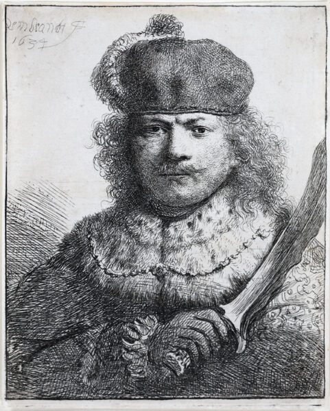 Rembrandt van Rijn etching print for sale / ets te koop / gravure a vendre - Self-Portrait with Raised Sabre, 1643 kf