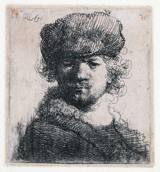 Rembrandt van Rijn etching print for sale / ets te koop / gravure a vendre - Self-portrait in a heavy fur cap, 1631 kf