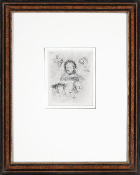 Rembrandt van Rijn etching print for sale / ets te koop / gravure a vendre - Studies of the Head of Saskia and others, 1636 frame