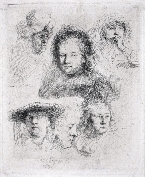 Rembrandt van Rijn etching print for sale / ets te koop / gravure a vendre - Studies of the Head of Saskia and others, 1636