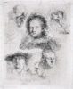 Rembrandt van Rijn etching print for sale / ets te koop / gravure a vendre - Studies of the Head of Saskia and others, 1636