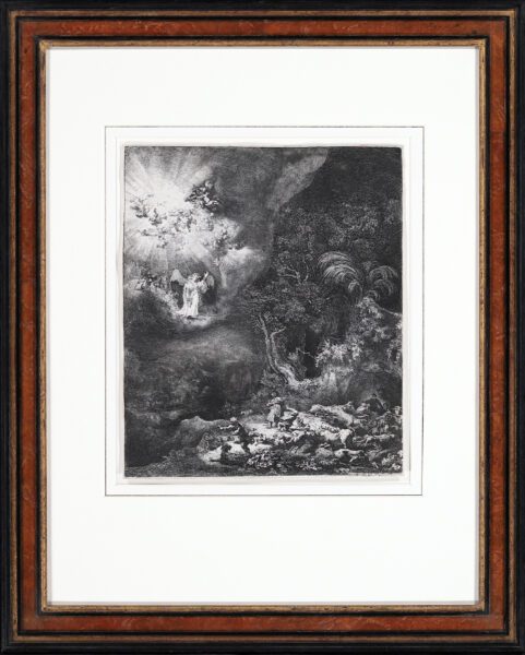 Rembrandt van Rijn etching print for sale / ets te koop / gravure a vendre - The Angel appearing to the Shepherds, 1634 framed