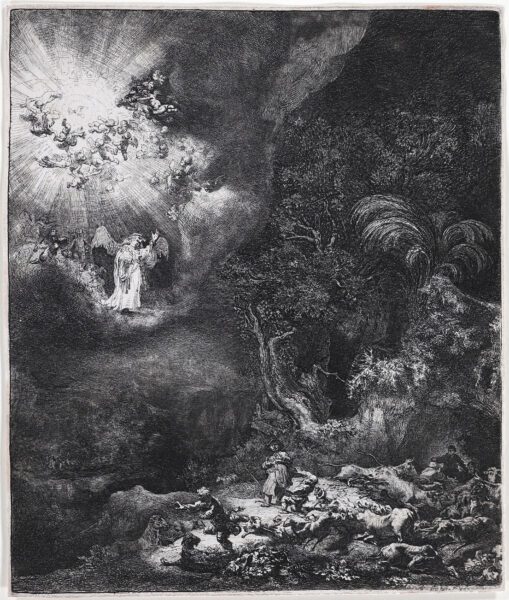 Rembrandt van Rijn etching print for sale / ets te koop / gravure a vendre - The Angel appearing to the Shepherds, 1634 kf