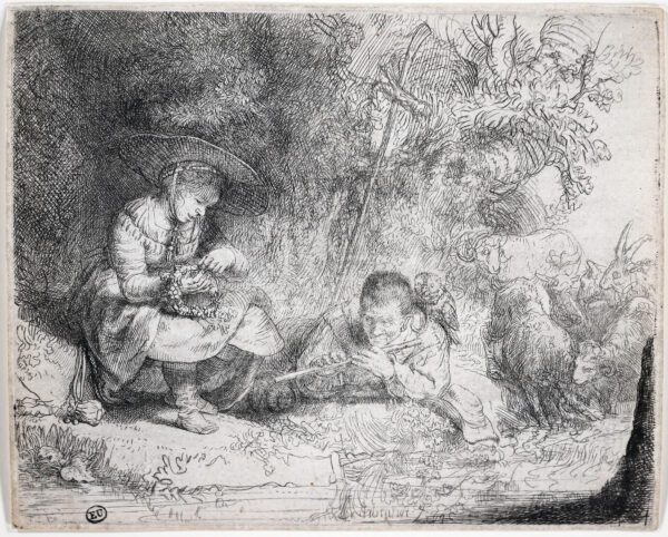 Rembrandt van Rijn etching print for sale / ets te koop / gravire a vendre - The Flute Player (Het Uilespiegeltje), 1642 kf