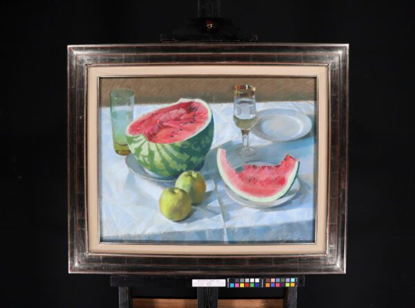 Konstantin Lomykin art painting for sale / картина на продаж - Still life with a watermelon, two apples on a table 1982 framed