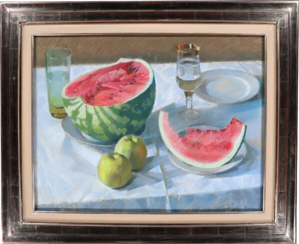 Konstantin Lomykin art painting for sale / картина на продаж - Still life with a watermelon, two apples on a table 1982 framed