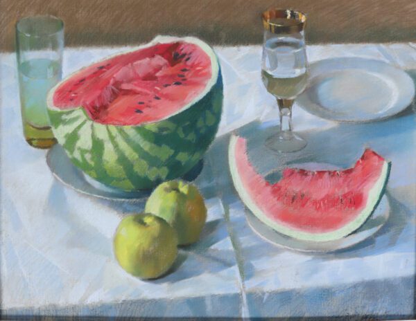 Konstantin Lomykin art painting for sale / картина на продаж - Still life with a watermelon, two apples on a table 1982 kf