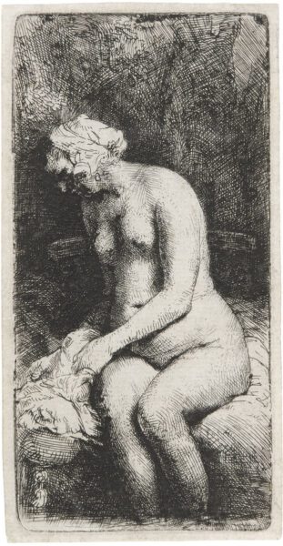 Rembrandt van Rijn ethcing print for sale / ets te koop / gravure a vendre - Woman bathing her feet at a brook, 1658