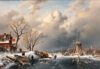 Charles Leickert painting for sale / schilderij te koop / tableaux a vendre - Winter scene with buildings on the left, a mill, a ‘koek-en-zopie’ tent with skaters and figures on a frozen river, 1862 (kf)