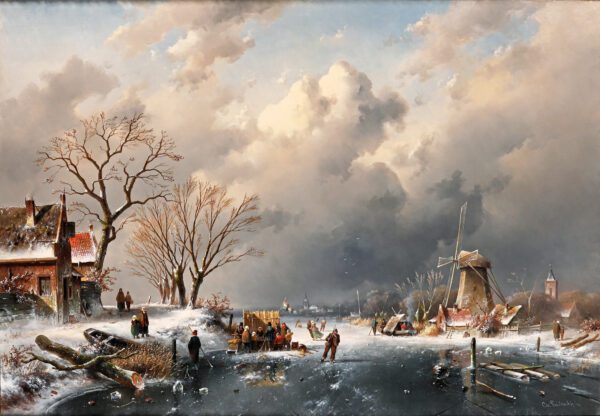Charles Leickert painting for sale / schilderij te koop / tableaux a vendre - Winter scene with buildings on the left, a mill, a ‘koek-en-zopie’ tent with skaters and figures on a frozen river, 1862 (kf)