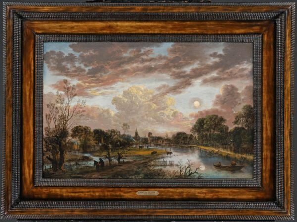 Aert van der Neer paintign for sale / schilderij te koop / tableaux a vendre - Moonlit Landscape with Fishermen mending their nets on a riverbank (framed)