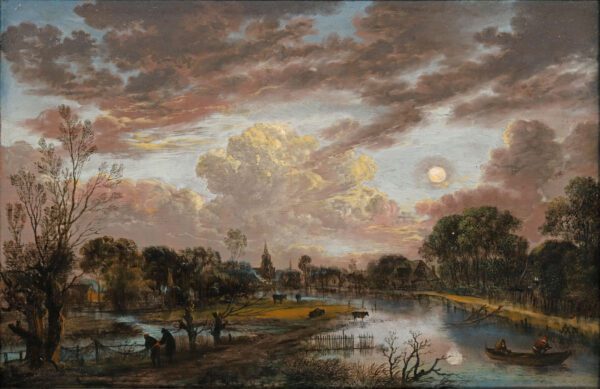 Aert van der Neer paintign for sale / schilderij te koop / tableaux a vendre - Moonlit Landscape with Fishermen mending their nets on a riverbank (kf)