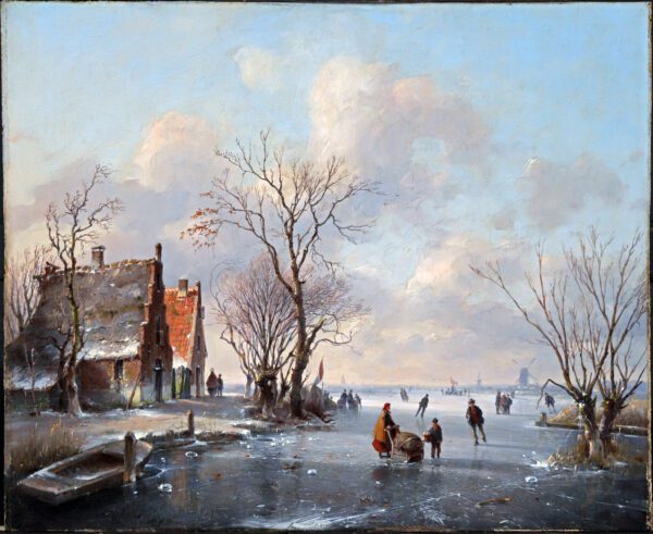 Andreas Schelfhout painting for sale / schilderij te koop / tableaux a vendre - A Winter landscape with Windmills and a panorama of a cityscape in the distance