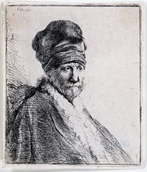 Rembrandt van Rijn etching for sale / ets te koop / gravure a vendre - Bust of a Man Wearing a High Cap, Three-Quarters Right (The Artist’s Father), 1630