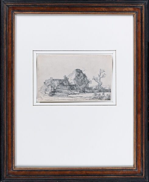 Rembrandt van Rijn etching for sale / ets te koop / gravure a vendre - Cottage and farm buildings with a man sketching, c. 1645 framed