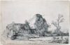 Rembrandt van Rijn etching for sale / ets te koop / gravure a vendre - Cottage and farm buildings with a man sketching, c. 1645 kf